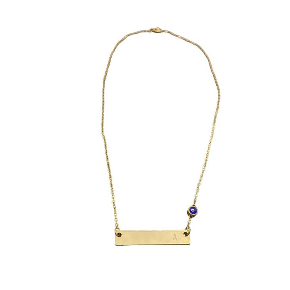 A Initial Horizon Bar Evil Eye Link Chain Necklace Gold Tone